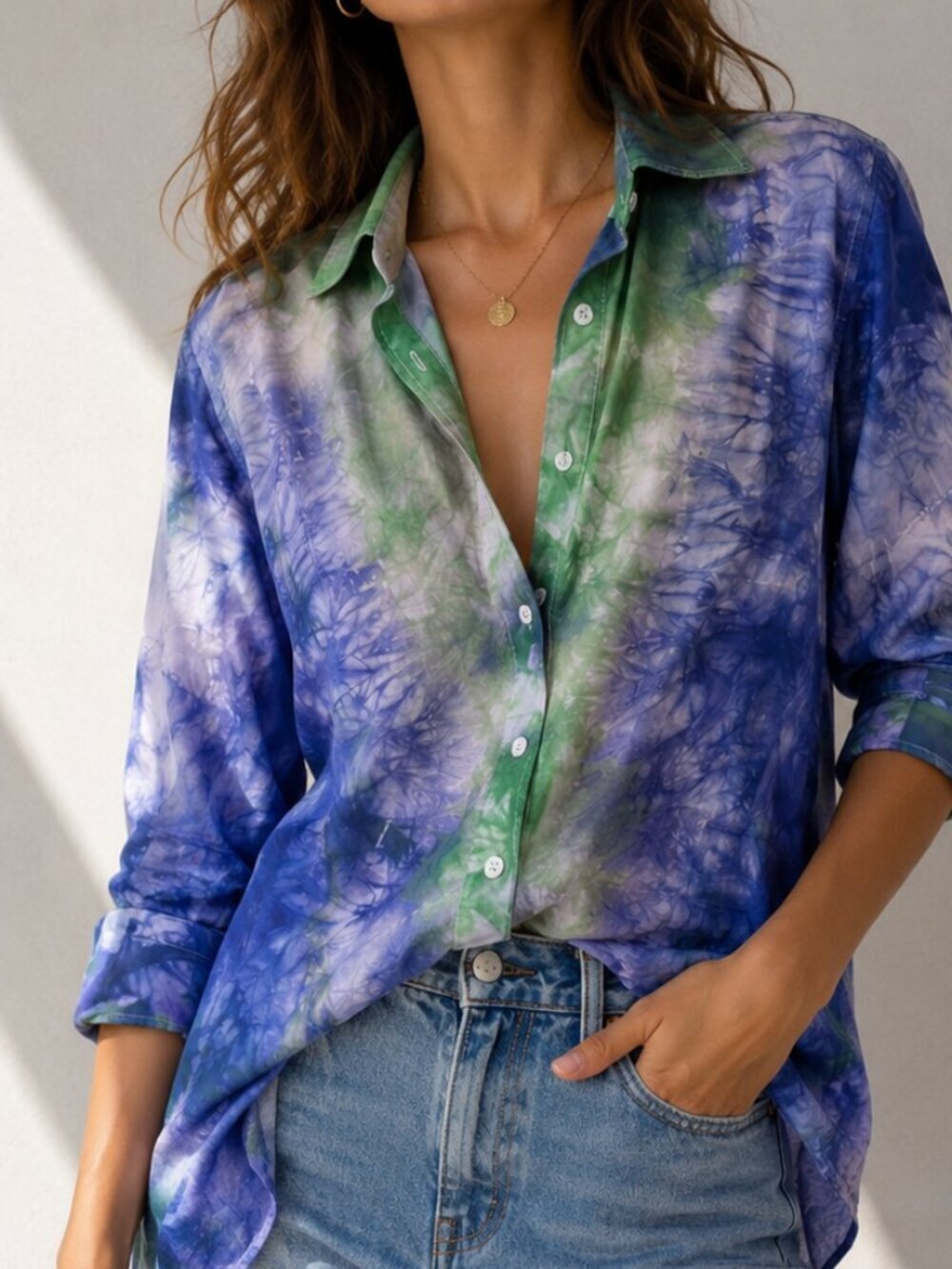 J. Crew Custom Shirt Size Medium Handmde Tie Dye Blue Green Cotton
